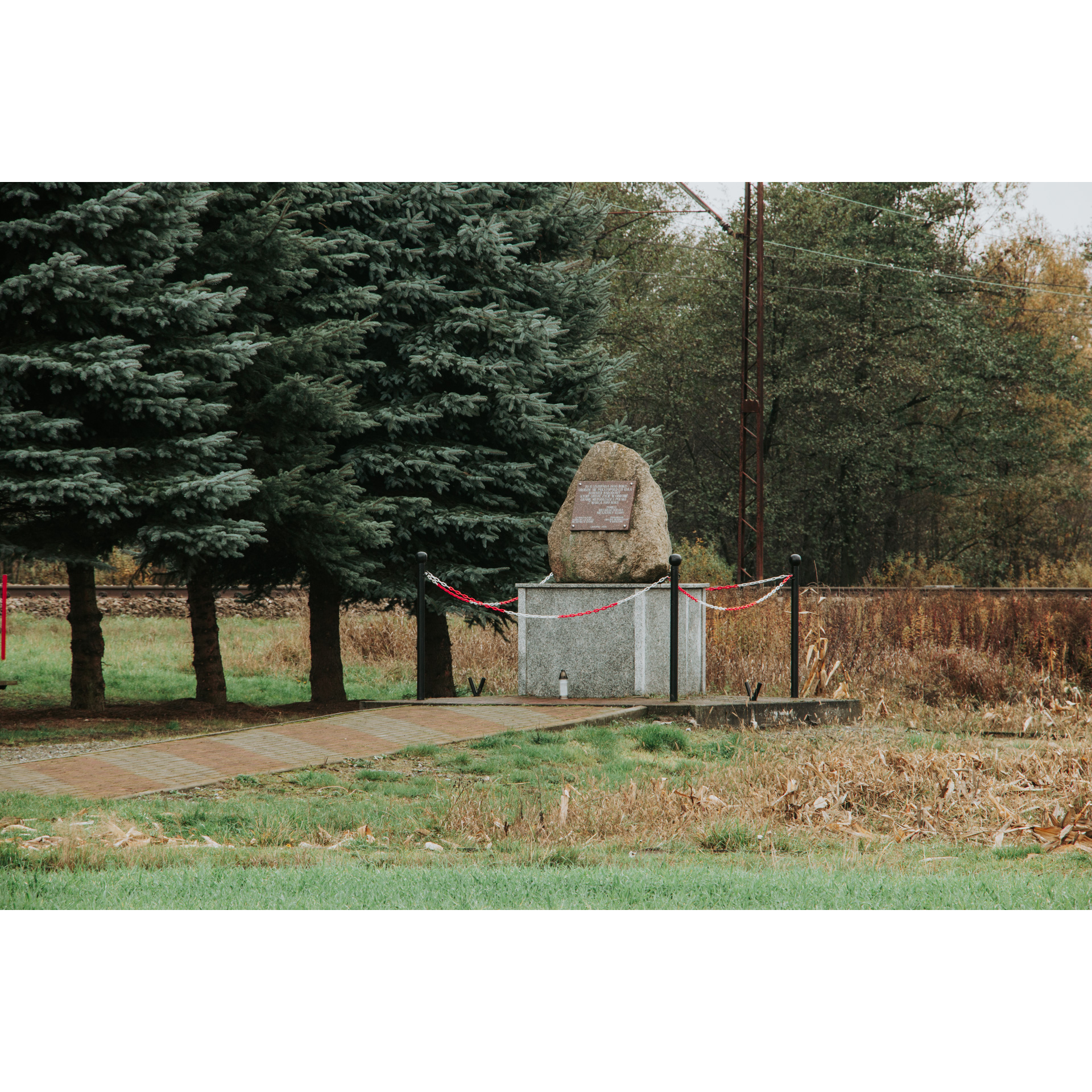 An erratic boulder with a commemorative plaque attached, set on a low pedestal next to coniferous trees