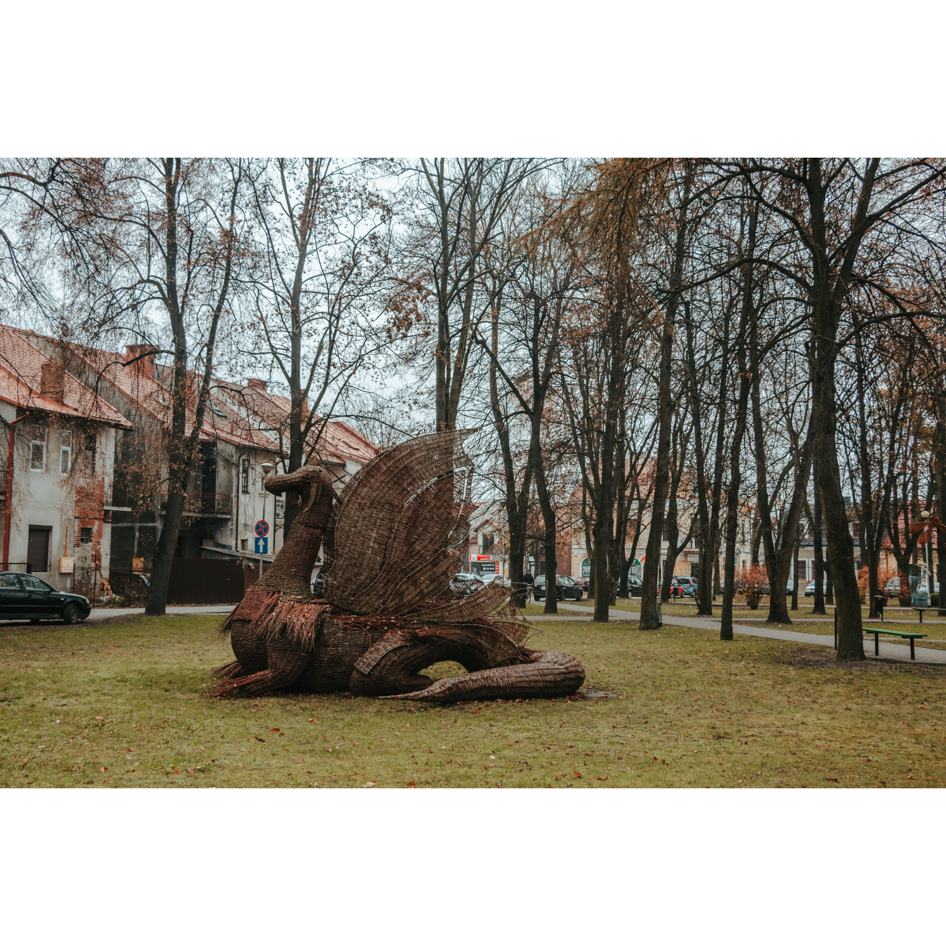 Kompozycja z wikliny z kształcie leżącego smoka na tle zabudowań i drzew