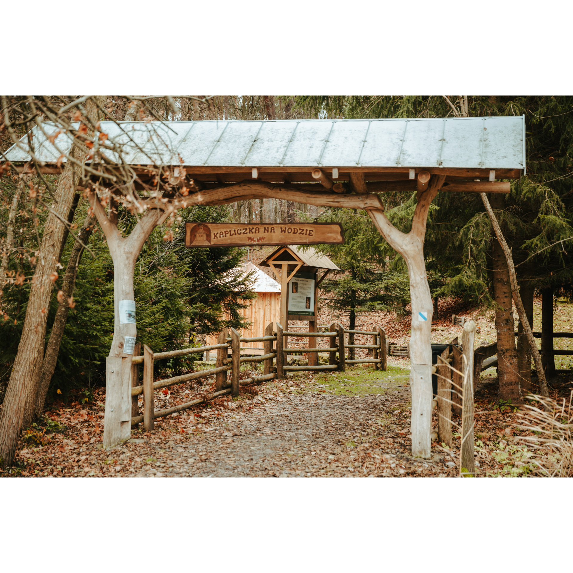 A wooden entrance to the forest made of tree trunks with a visible information board in the background