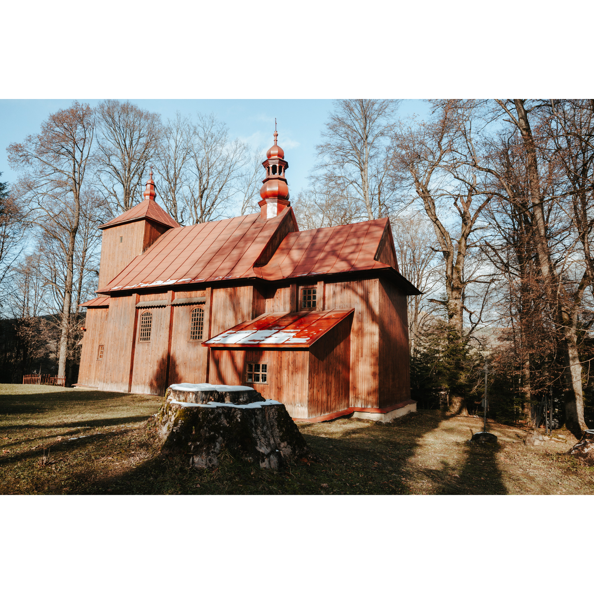 A wooden church among a cut trunk and tall trees