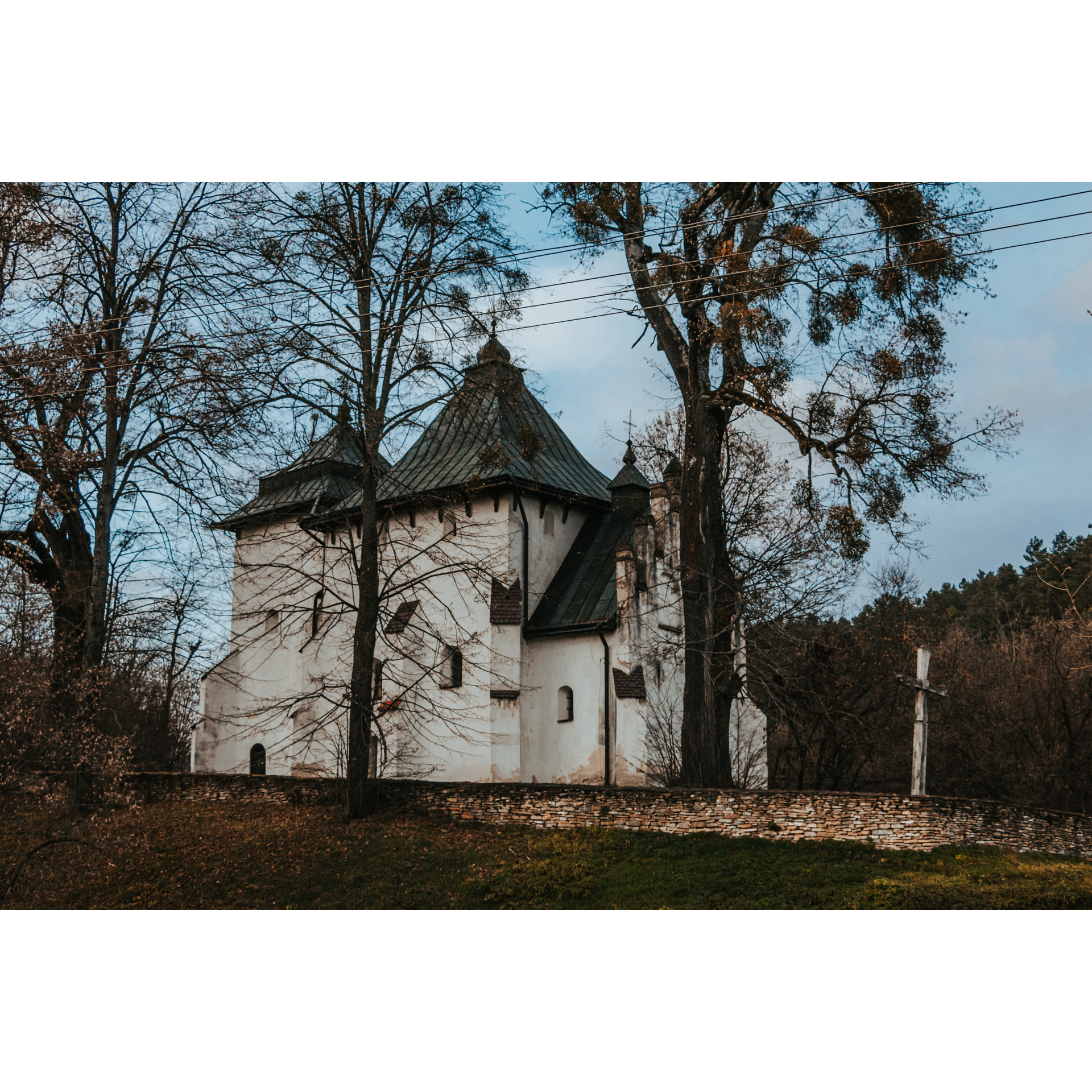 A white church behind tall trees