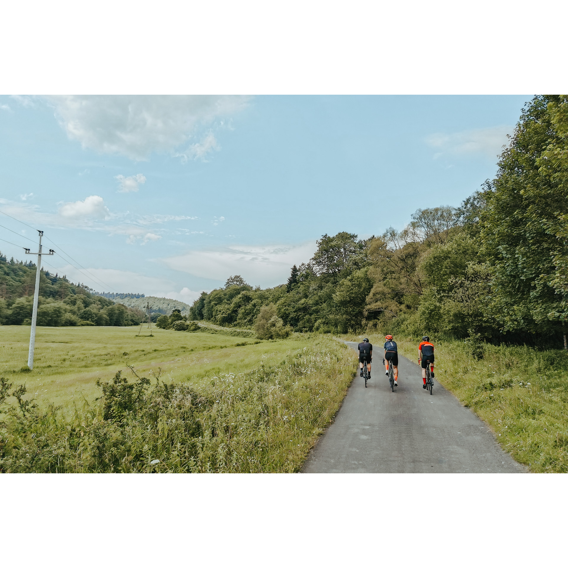Three cyclists in red and black clothes riding an asphalt road surrounded by a meadow and a forest