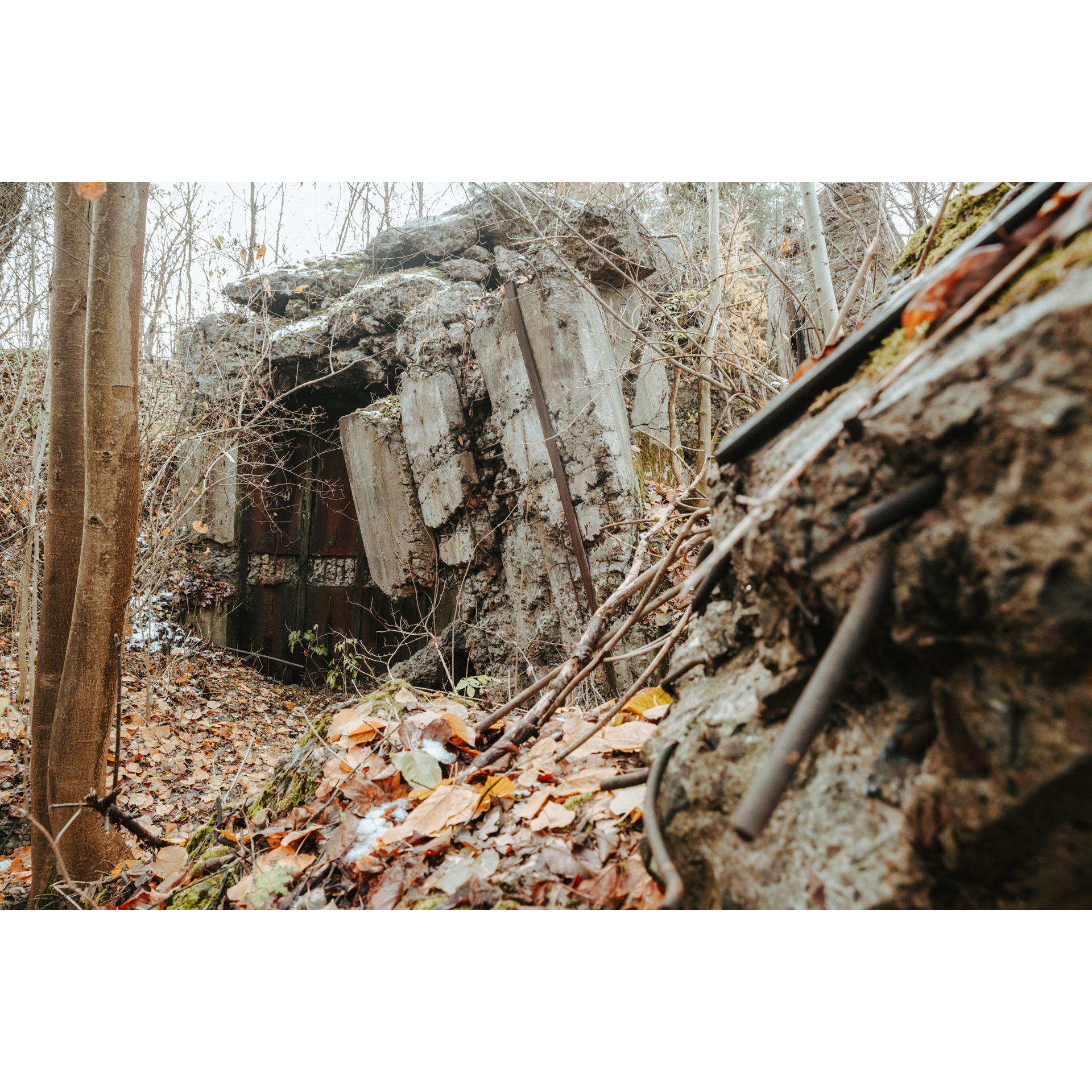 A door located in the rocks surrounded by a litter of autumn leaves