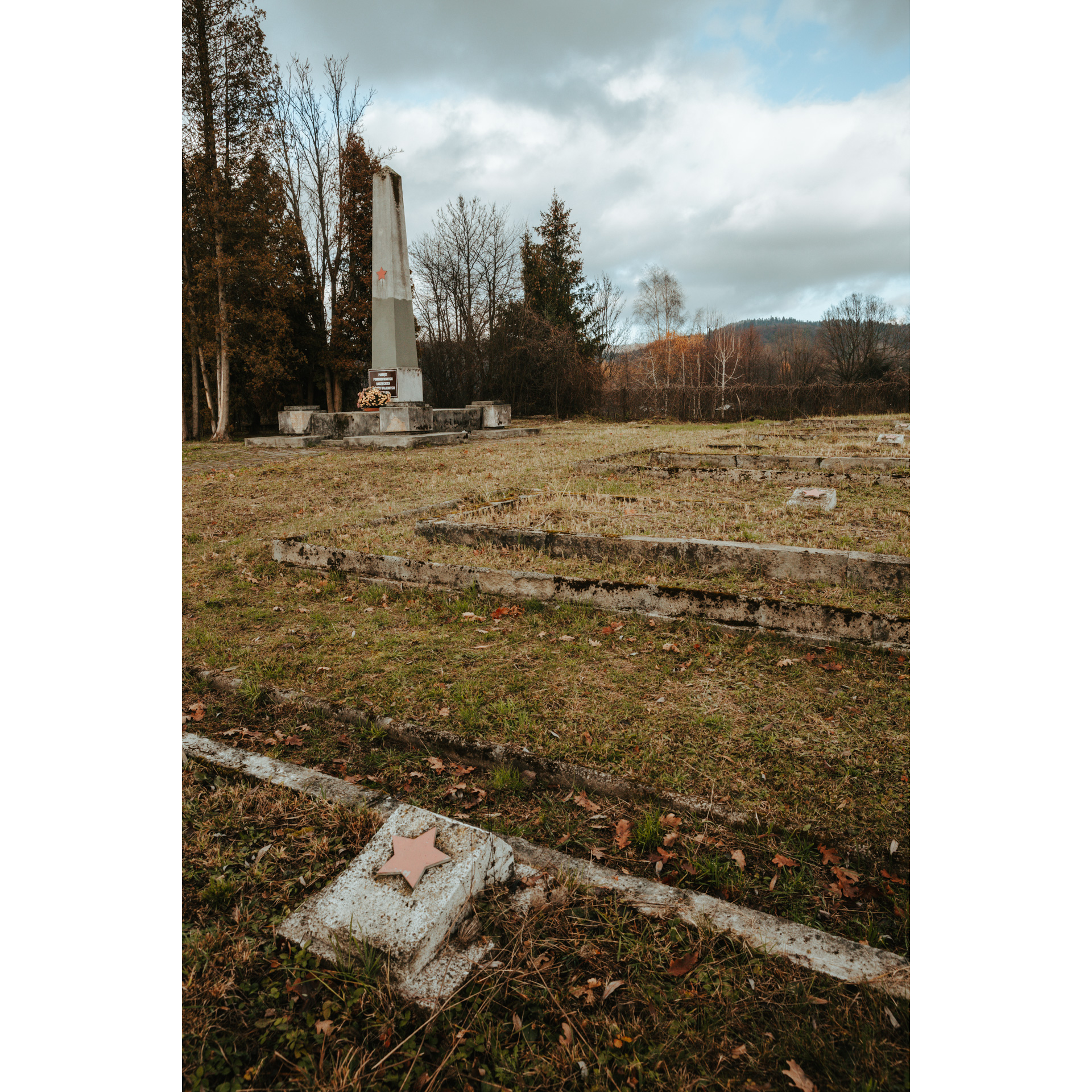 Stone slabs with pink stars on the background of a stone oblong monument