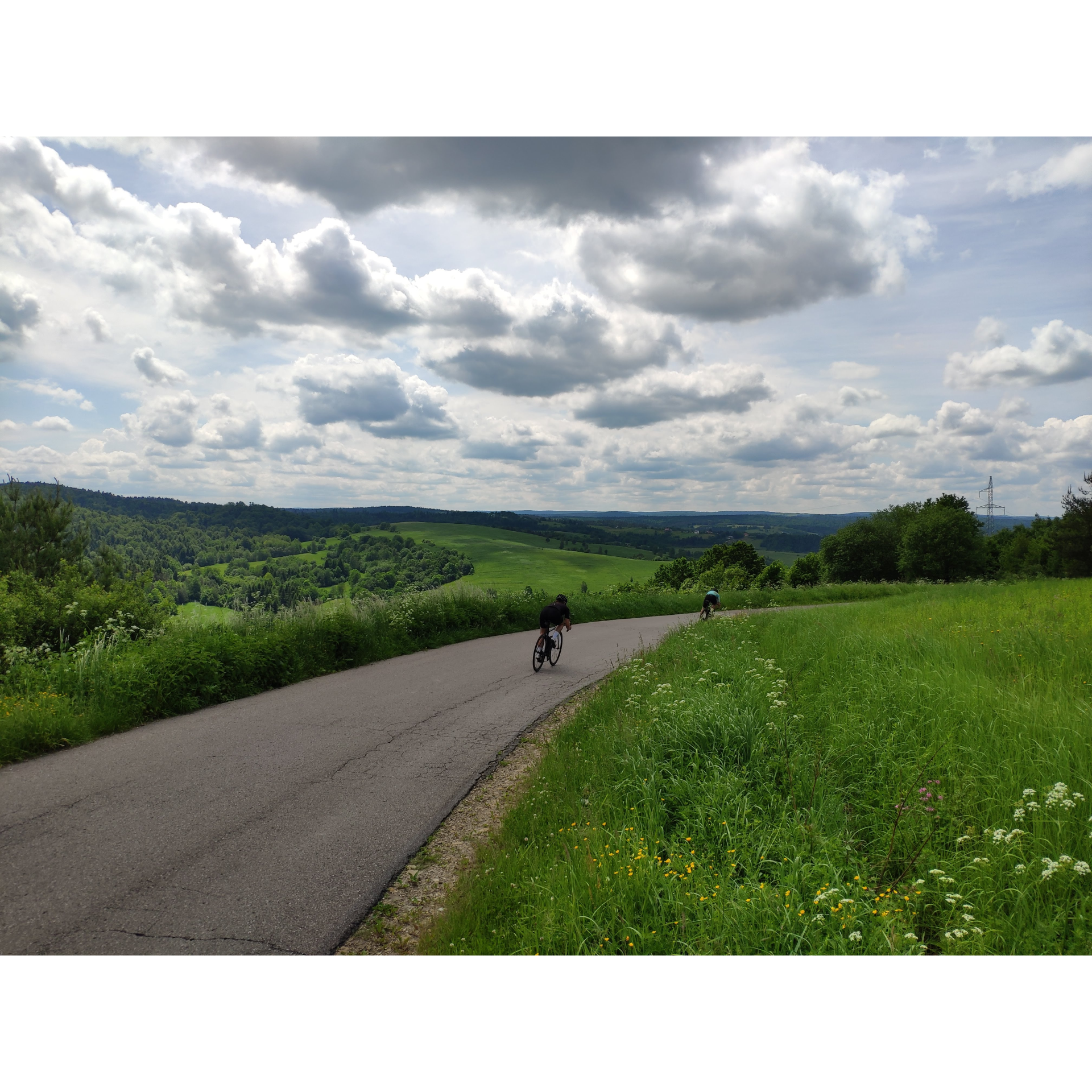 Two cyclists in cycling clothes cycling on an asphalt road leading through meadows with hills in the background