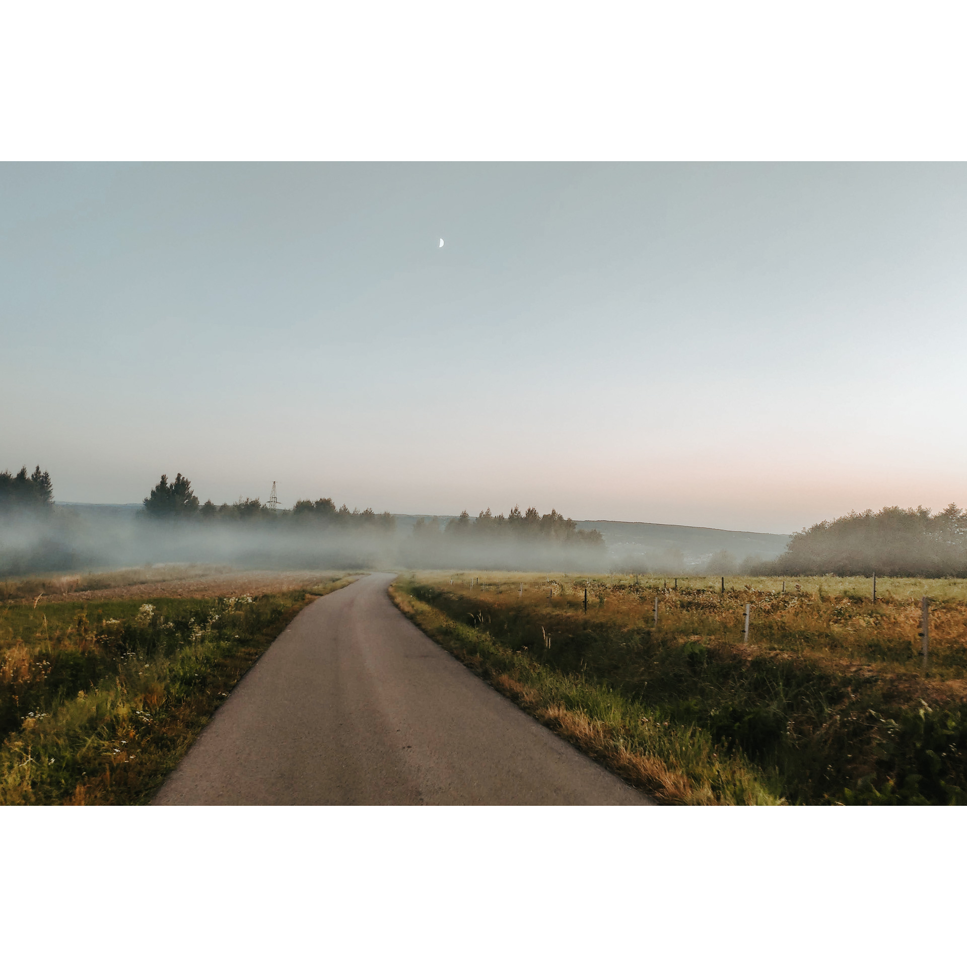 Asphalt road leading towards fog floating in the distance