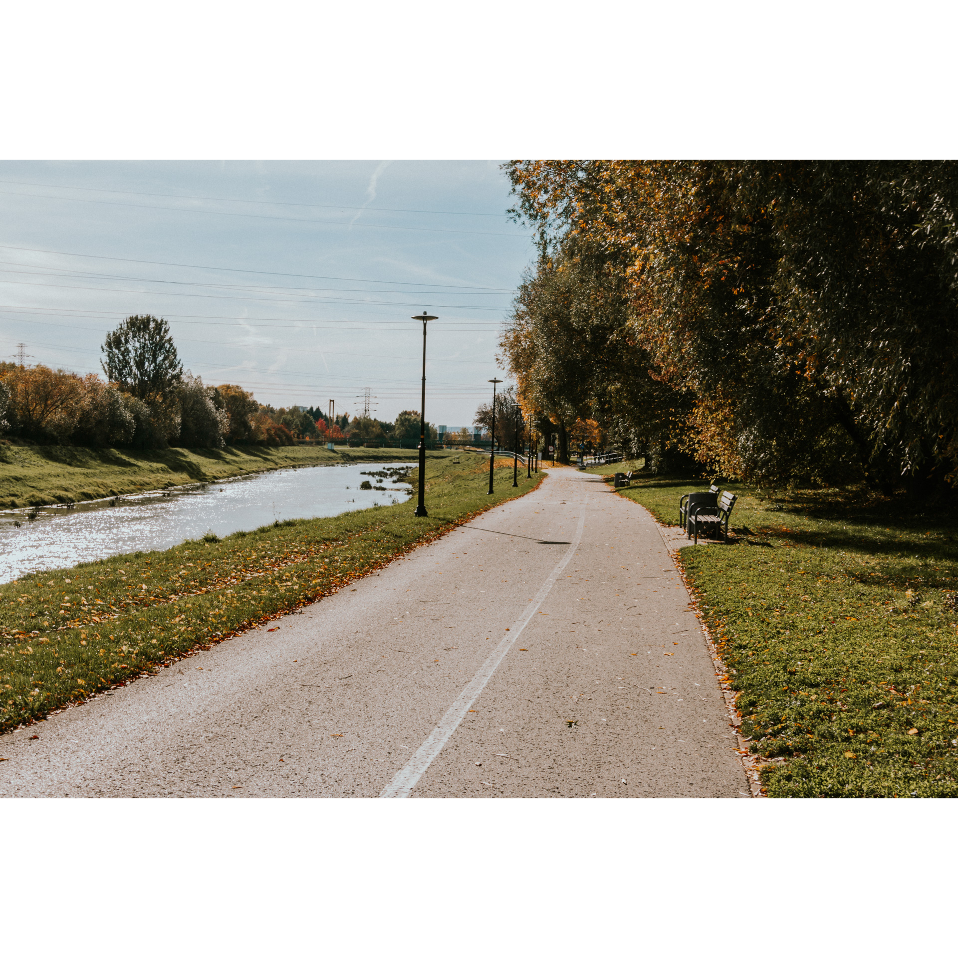 Asfaltowa ścieżka dla pieszych i rowerzystów, po lewej stronie rzeka i krzewy, po prawej stronie drewniane ławki i wysokie drzewa z kolorowymi liśćmi