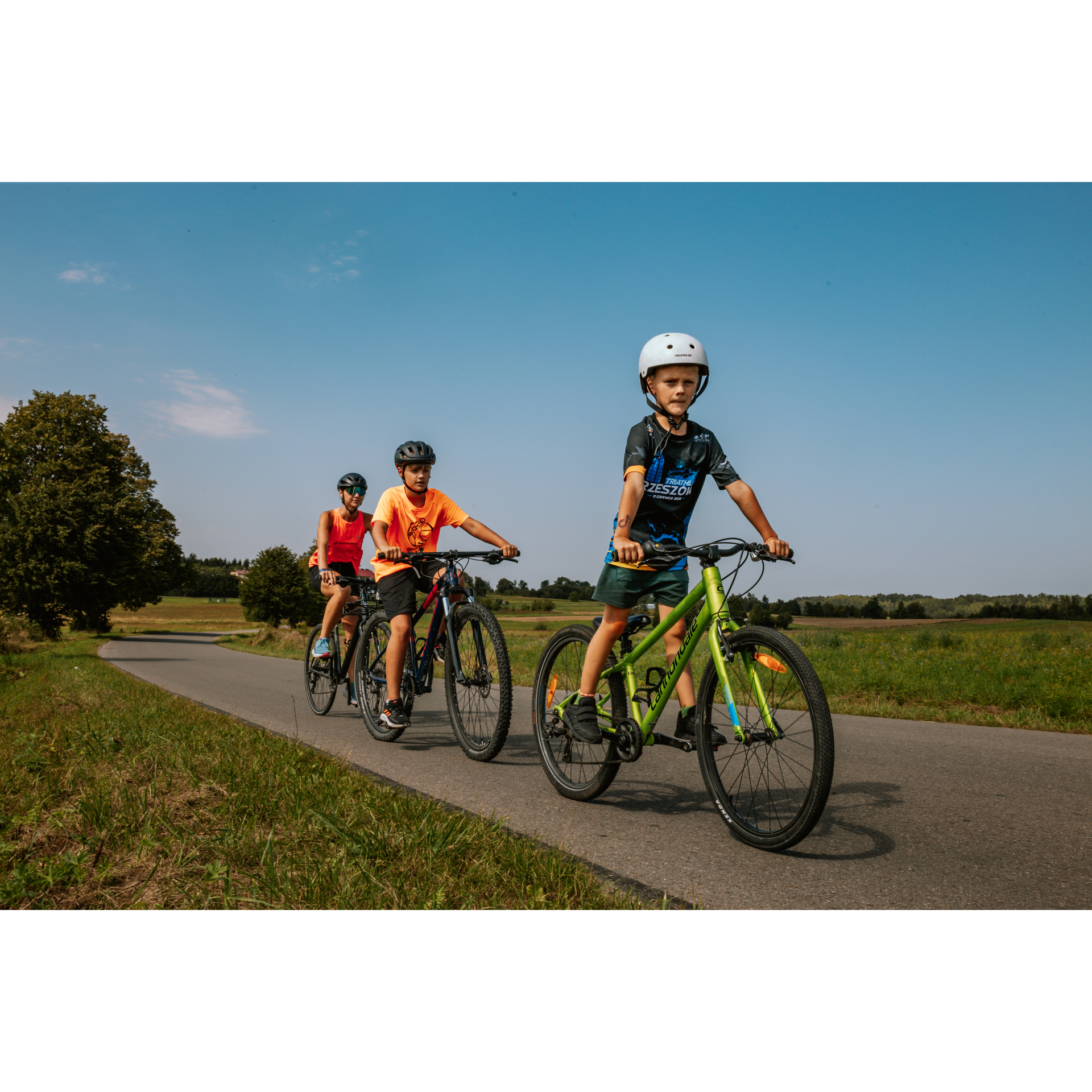 Cyclists riding in a line