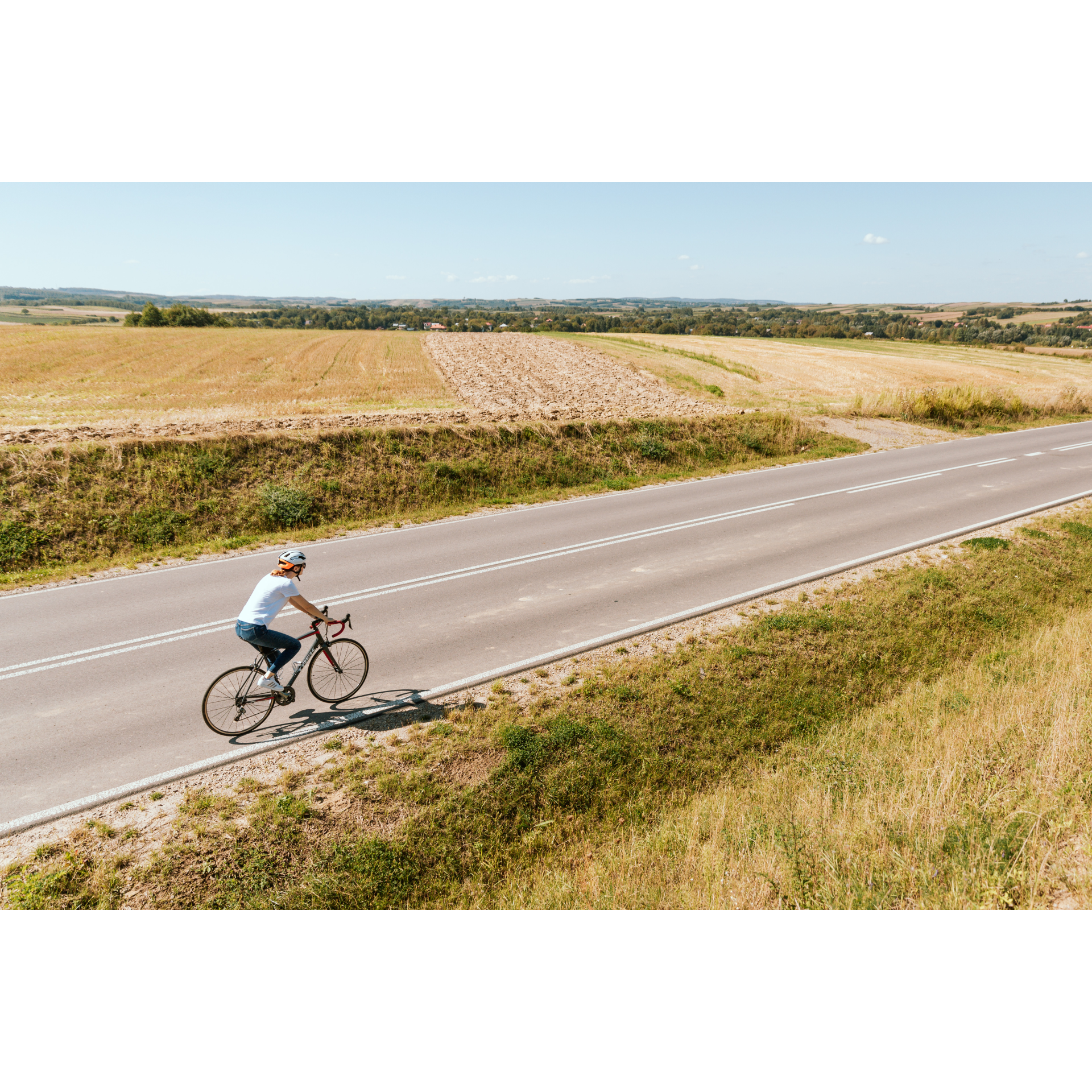 Cyclist on the road among the fields