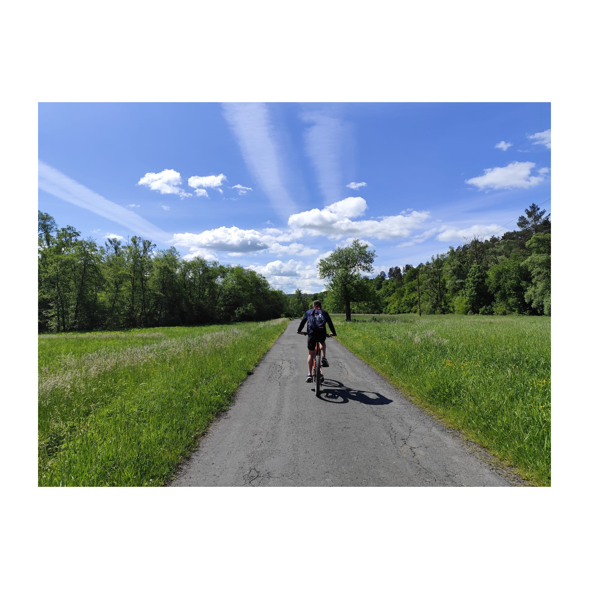 Rowerzysta jedzie wąską asfaltową drogą przez zielone łąki i drzewa, pod błękitnym niebem z białymi chmurami i smugami.