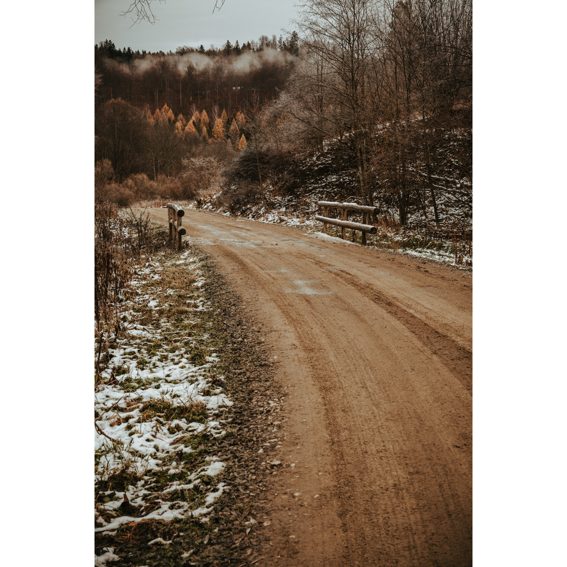 A sandy road with a snow-covered shoulder leading towards colorful trees