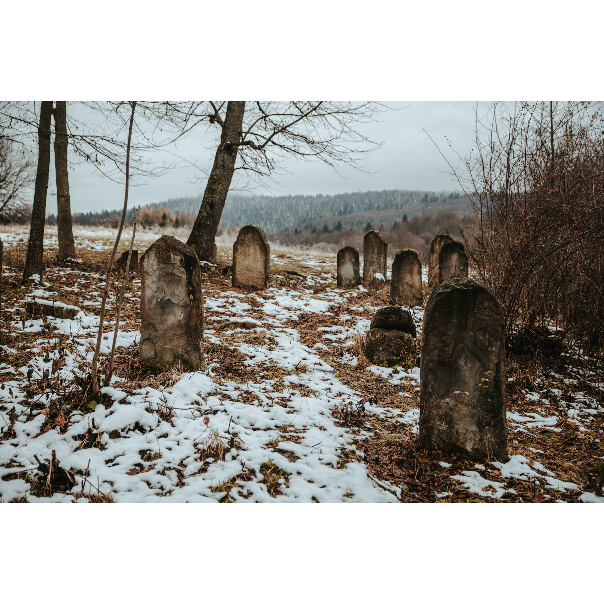 Old cement tombstones in a forest clearing covered with snow