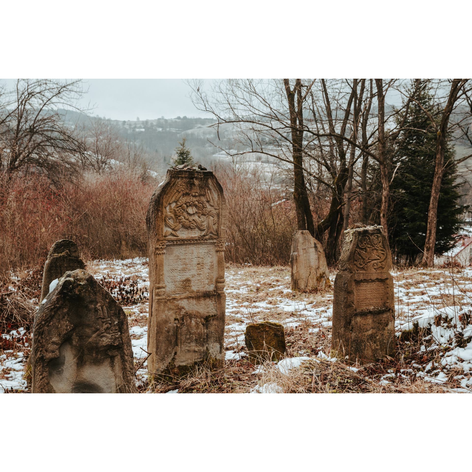 Old cement tombstones with carved ornaments in a snowy forest glade, trees and hills in the background