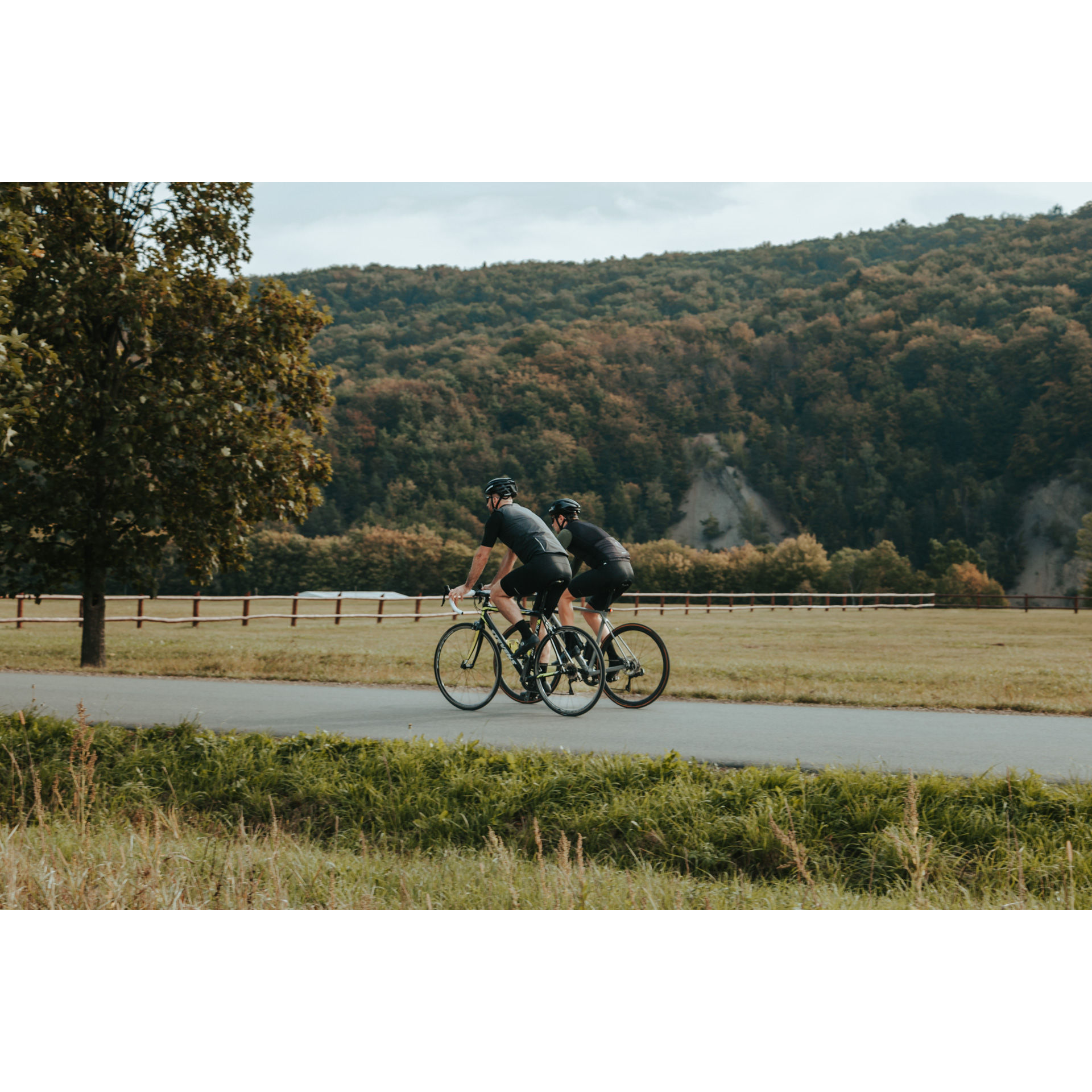 Dwóch kolarzy w kaskach i czarnych strojach jadących rowerami po asfaltowej drodze na tle wzgórza porośniętego drzewami