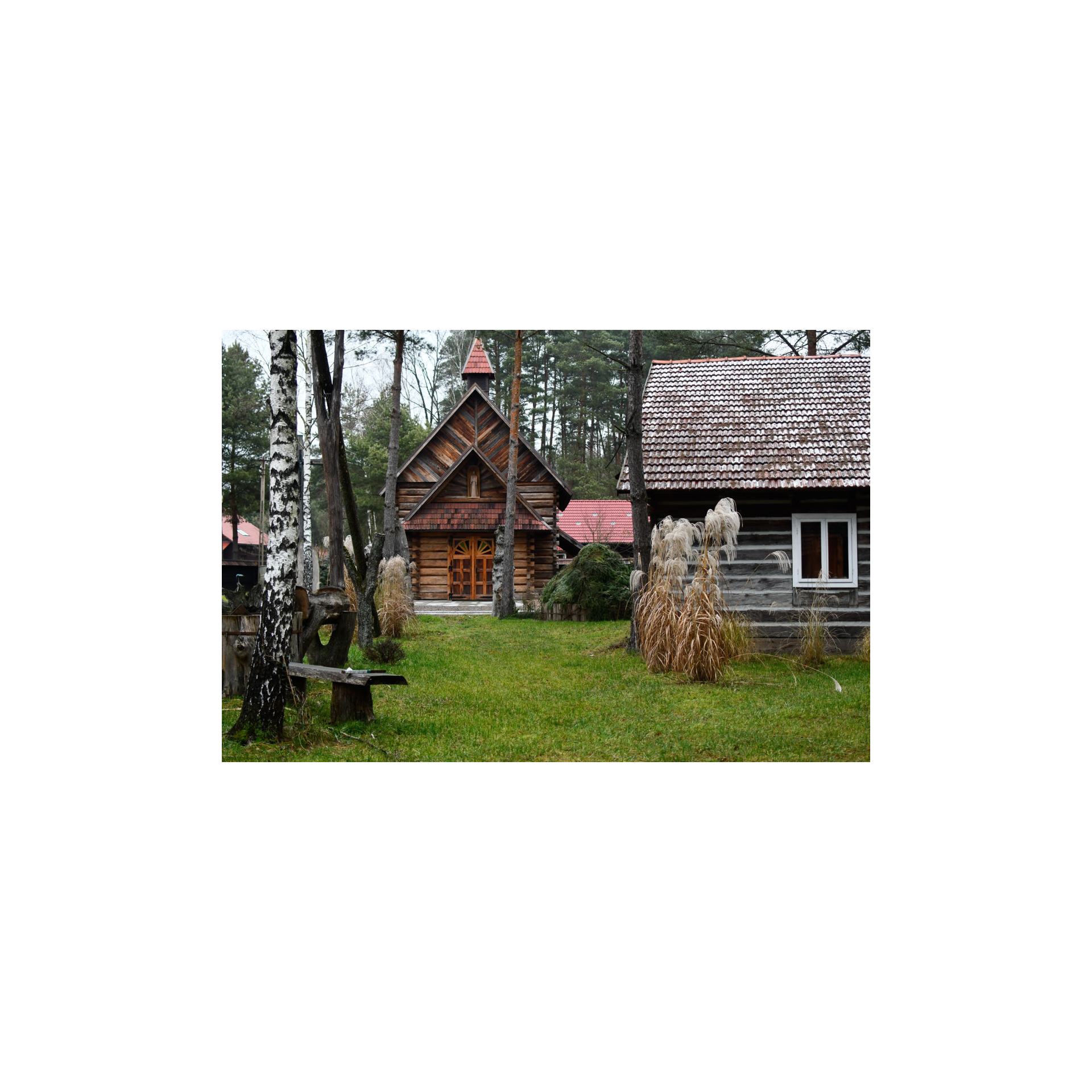 A wooden church with a turret and a red roof on green grass surrounded by wooden buildings and trees