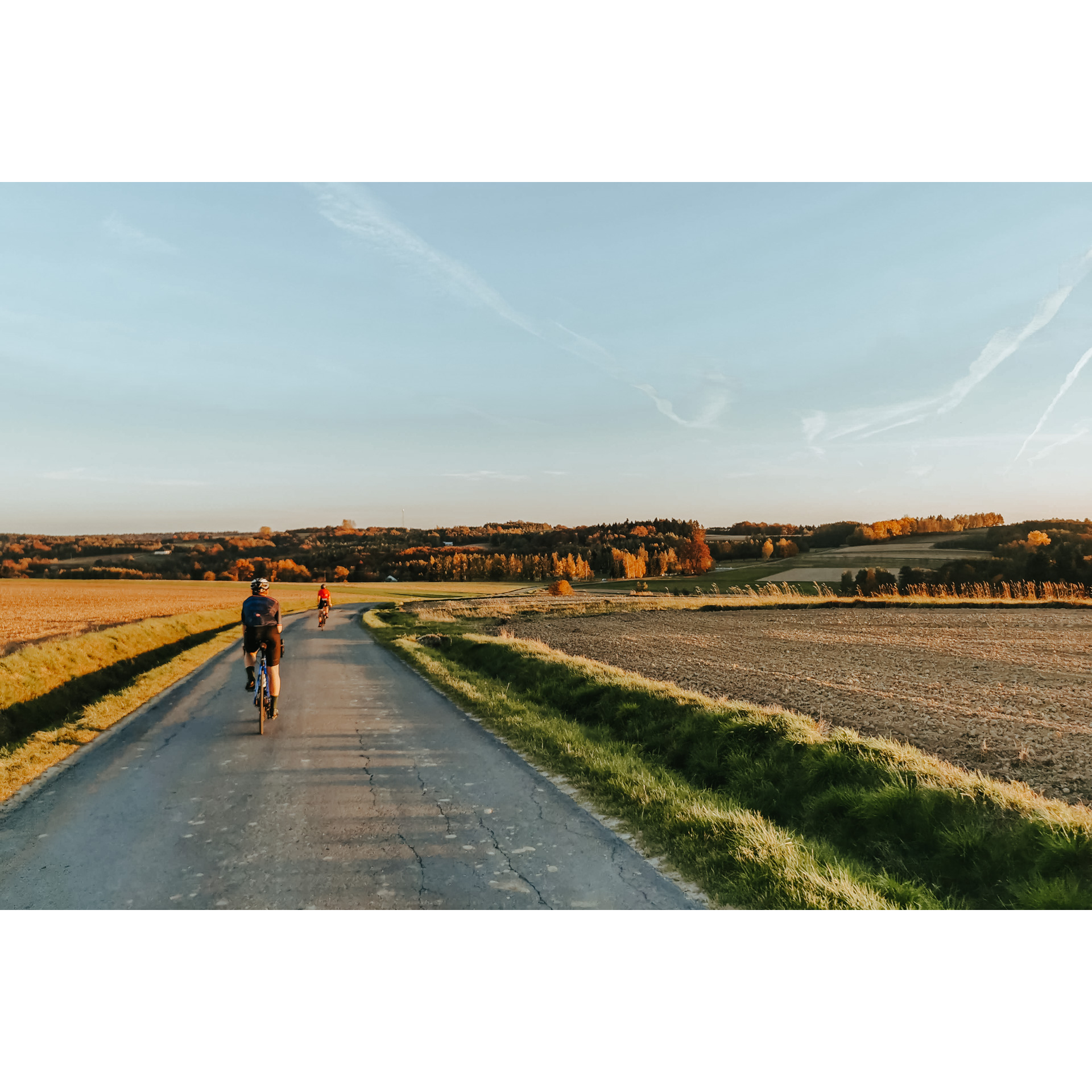 Dwóch rowerzystów jadących o zachodzie słońca asfaltową drogą biegnącą między polami uprawnymi, w oddali brązowo-rude korony drzew na pagórku i błękitne niebo