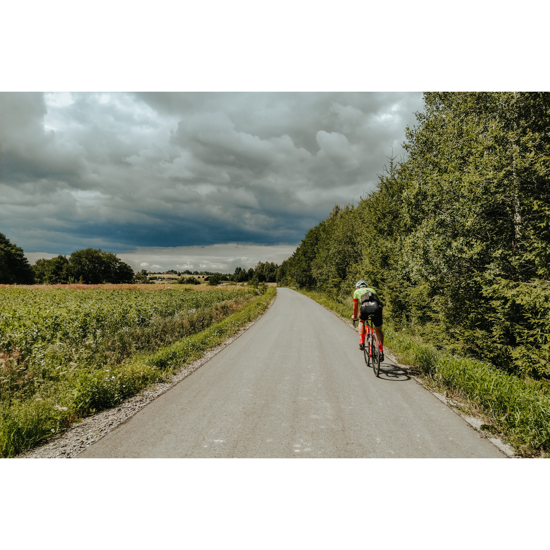 Rowerzysta w stroju kolarskim i kasku jadący drogą asfaltową wzdłuż ściany zielonych drzew po prawej stronie, po lewej stronie pola uprawne, w tle burzowe chmury na niebie