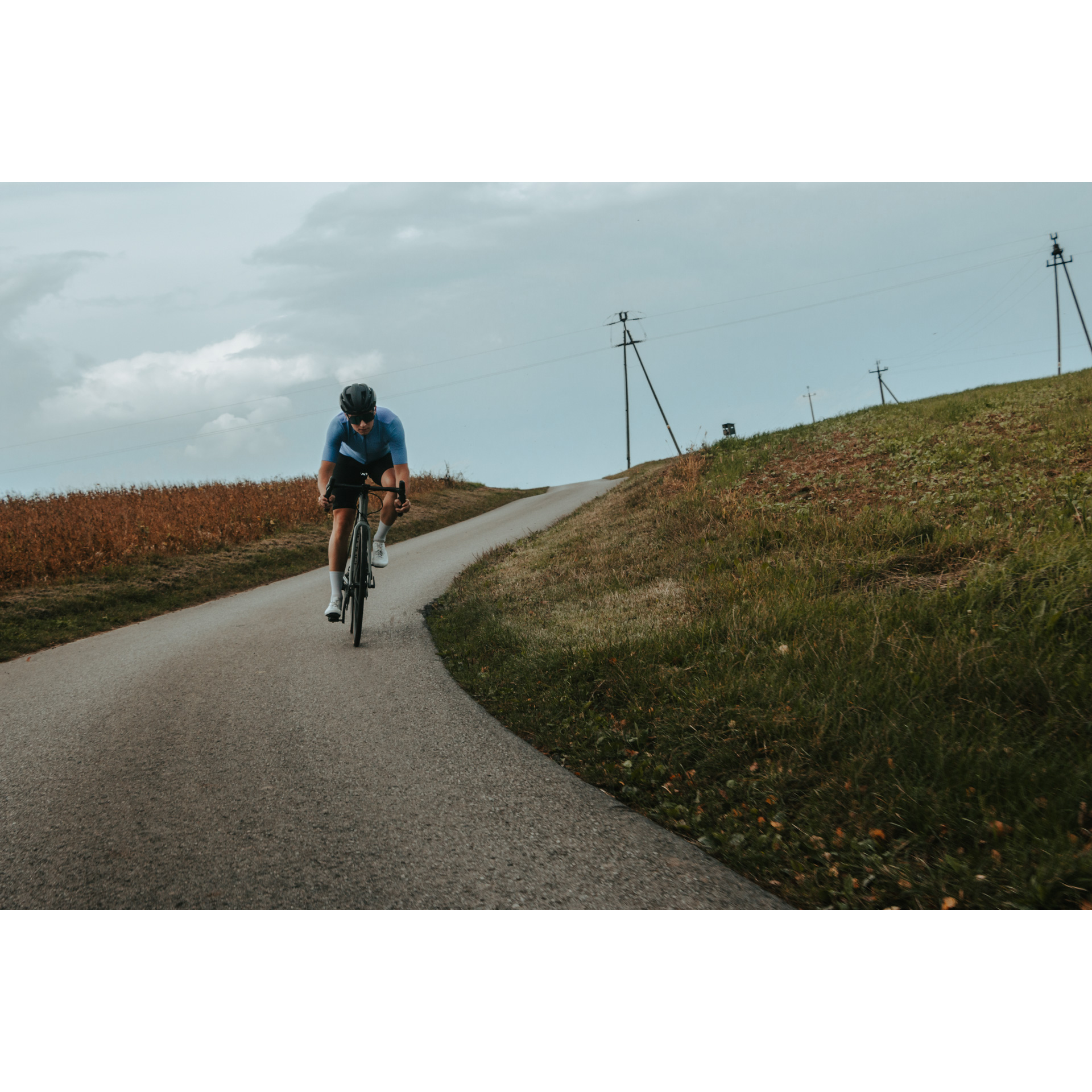 A cyclist in a blue and black cycling outfit, helmet and glasses going downhill on an asphalt road among green meadows