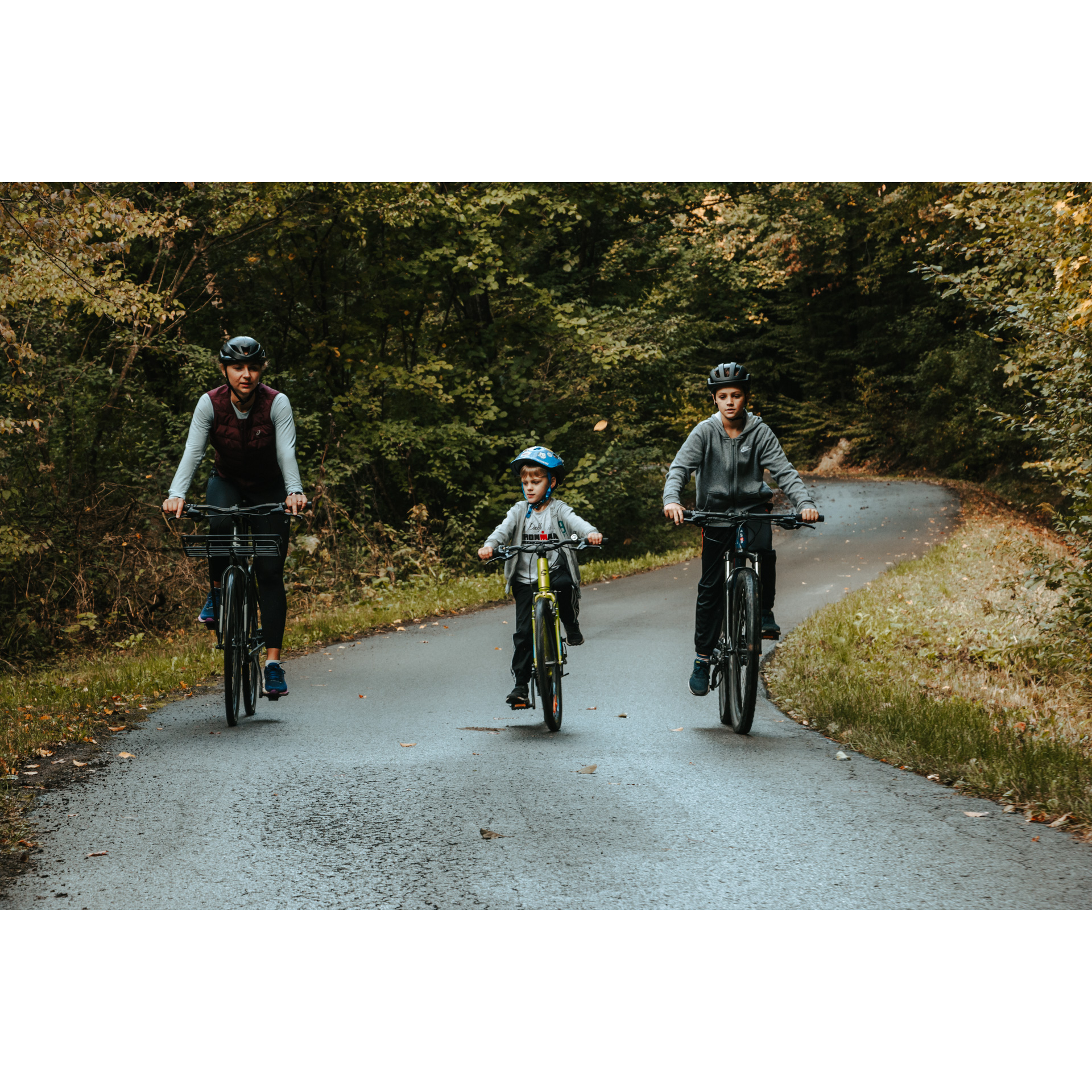 A woman and two boys in helmets cycling along an asphalt road among green trees