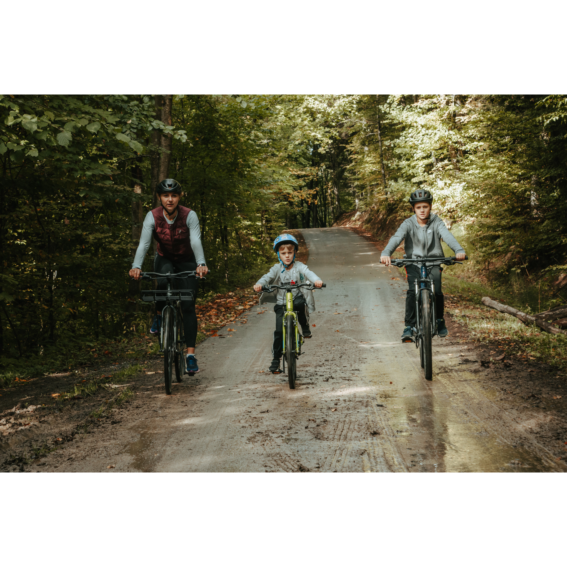 A woman and two boys in helmets cycling along a sandy forest road among green trees