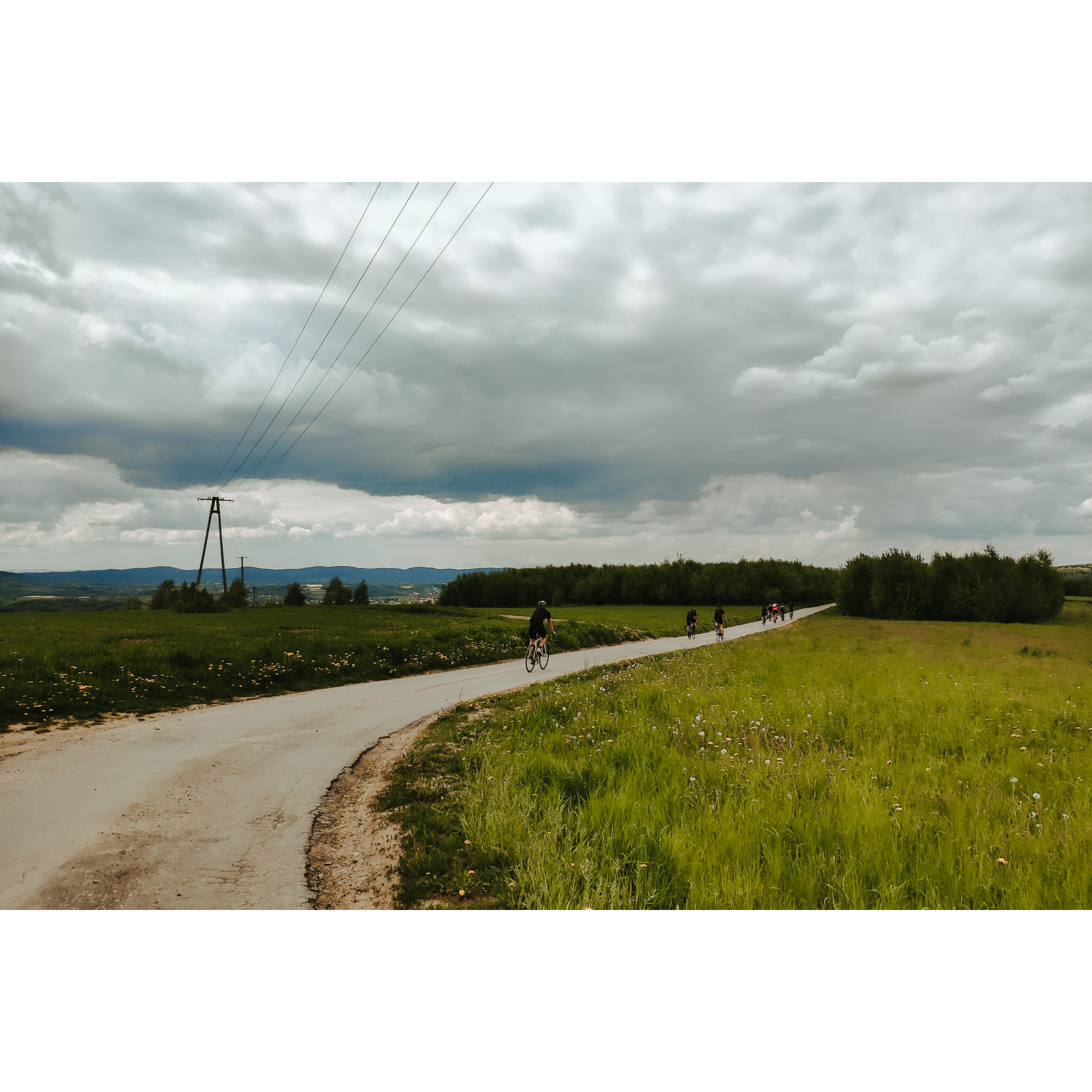 A group of cyclists in cycling clothes going towards the forest along an asphalt road among green meadows, in the background the sky with rain clouds