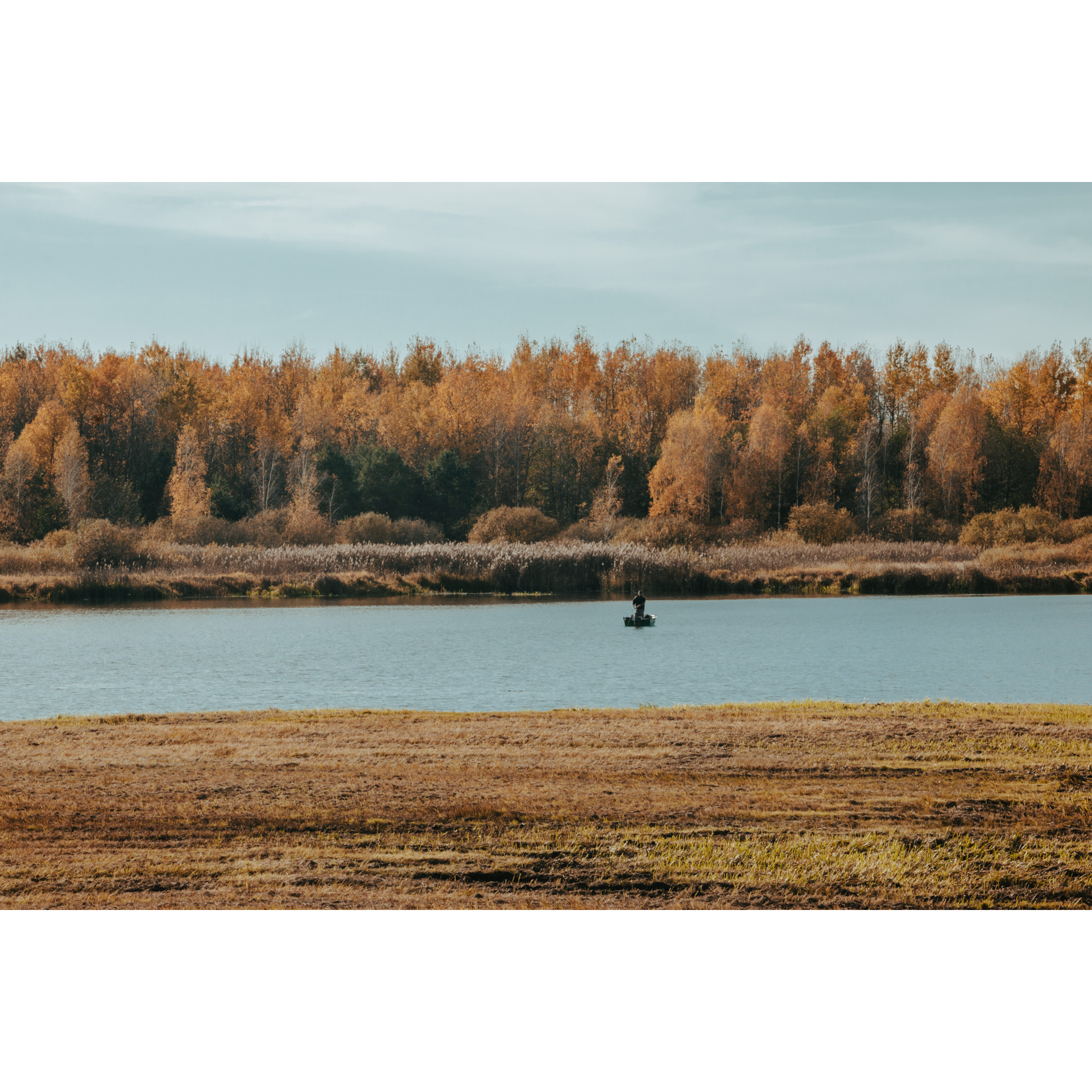 A man on a boat in the middle of the lagoon, in the background brown-red crowns of trees and a bright sky