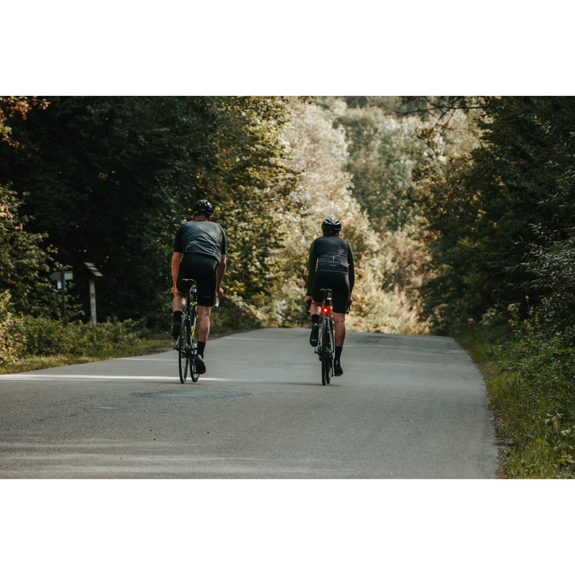 Dwóch rowerzystów w czarnych strojach kolarskich, ciemnych okularach i kaskach jadących na rowerach drogą asfaltową wśród zielonych drzew i krzewów