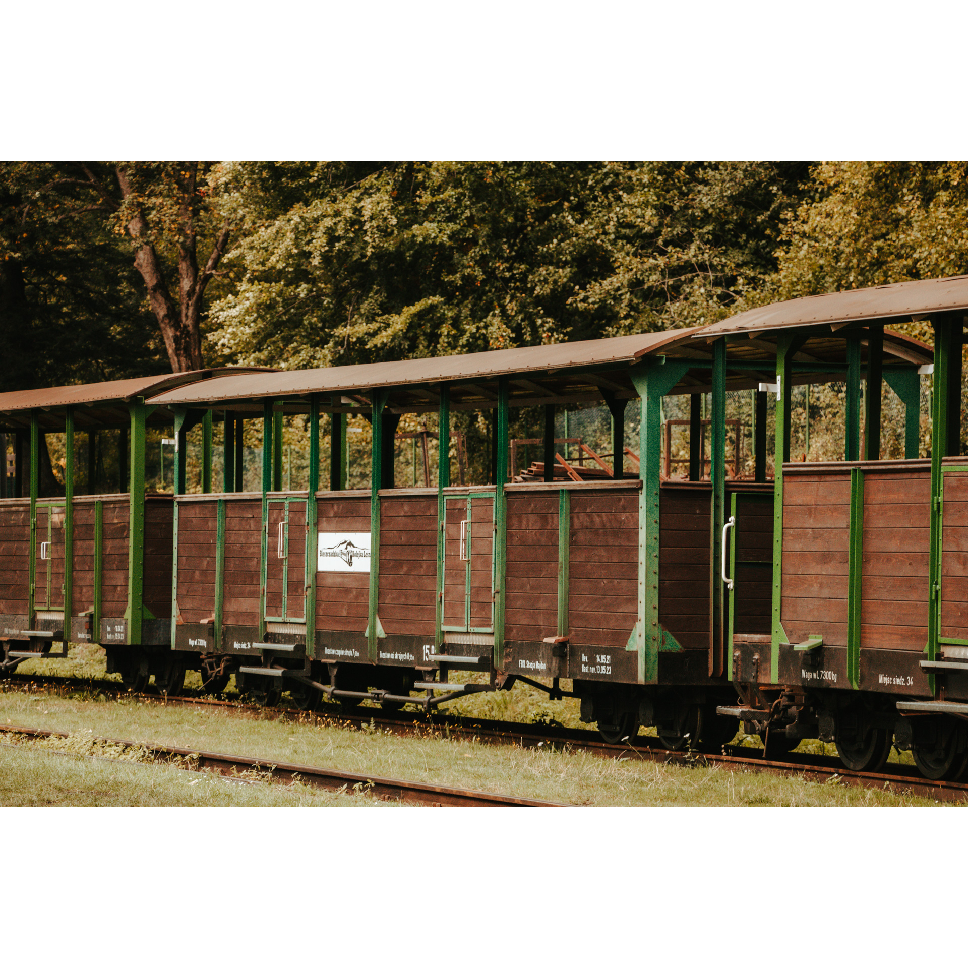 Drewniane, brązowo-zielone wagony na szynach kolejowych