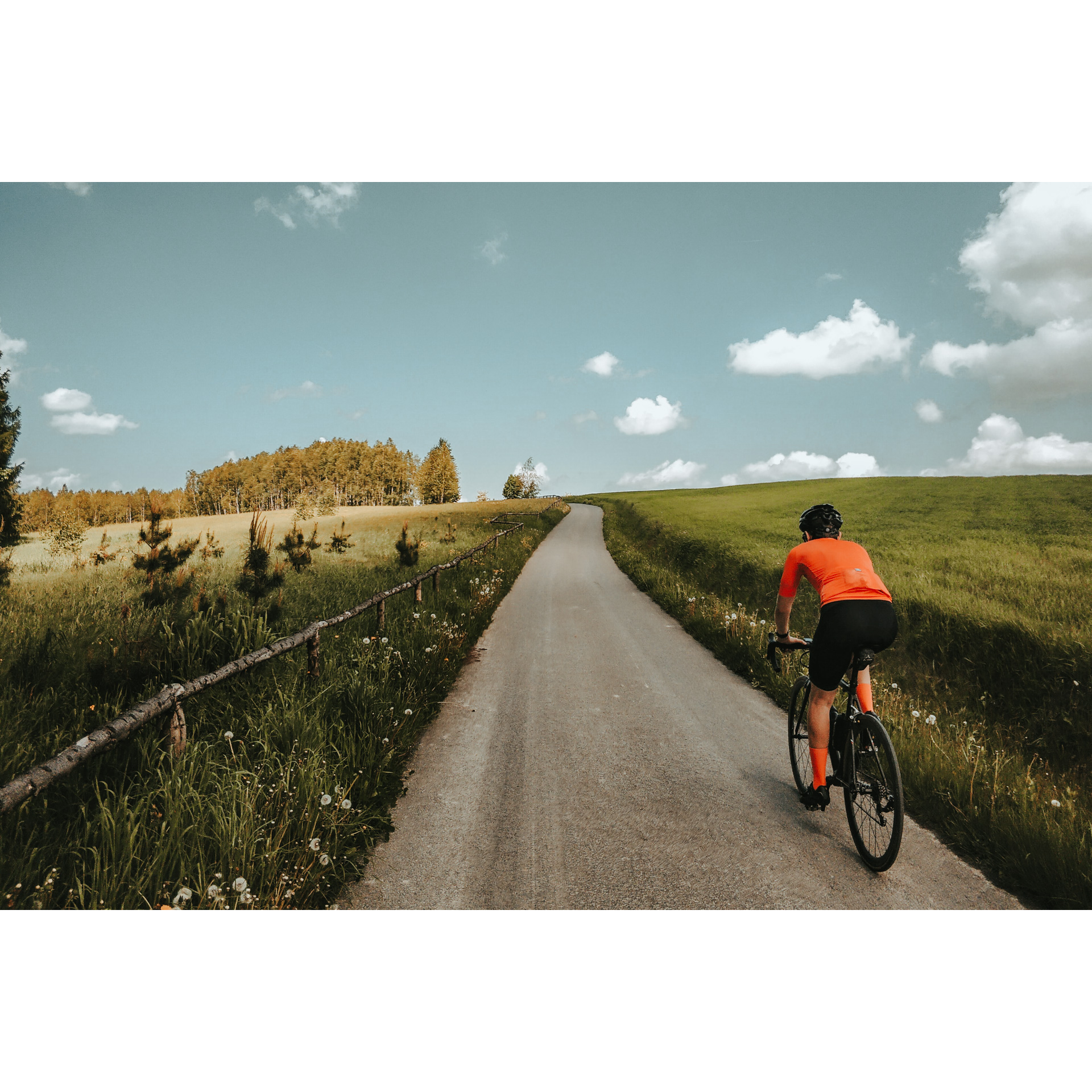 A cyclist in an orange and black outfit riding an asphalt road passing green meadows separated on the right with wooden beams