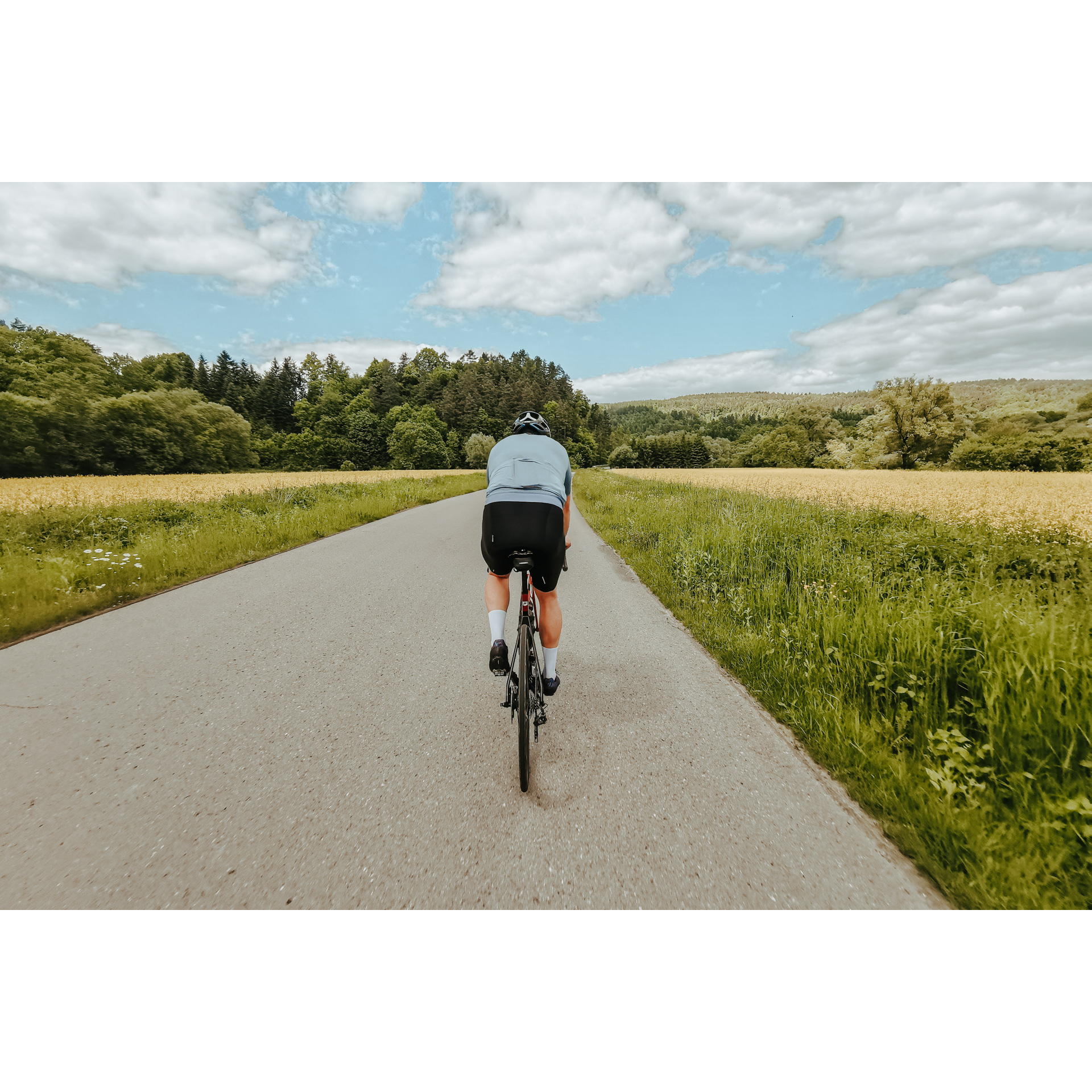 Rowerzysta w niebiesko-czarnym stroju jadący drogą asfaltową w otoczeniu łąk pełnych zielono-żółtej roślinności i gęstym lasem w oddali