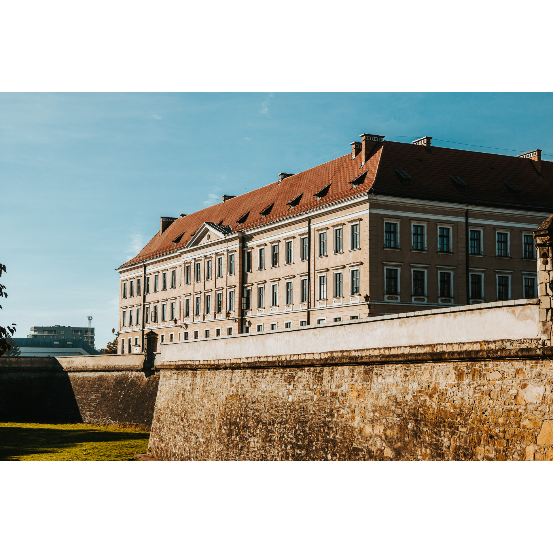 A beige castle with a red roof hidden behind a stone wall