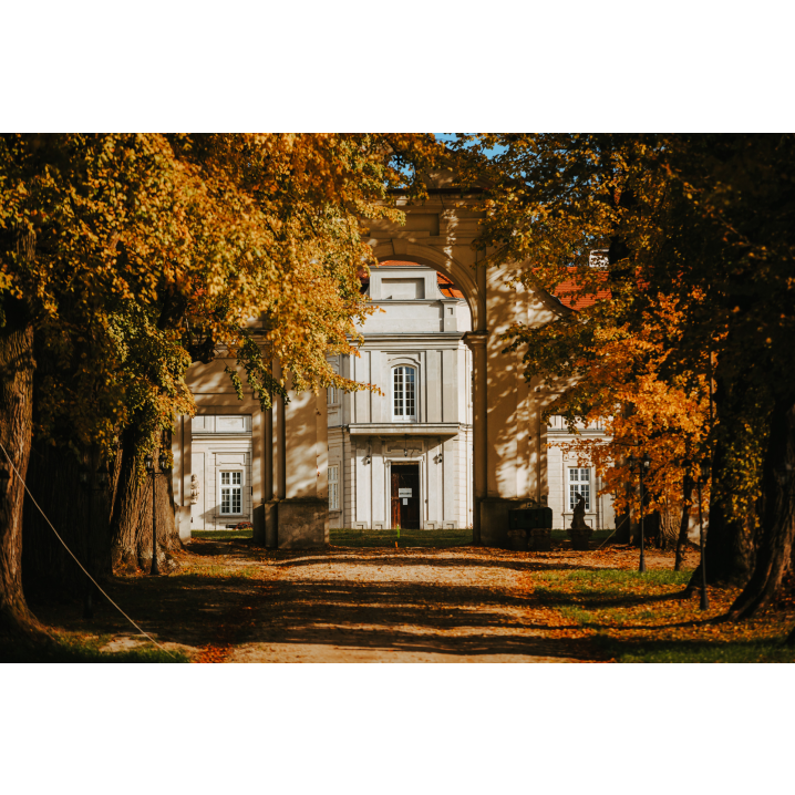 Ścieżka leśna wśród jesiennych drzew prowadząca do wejścia do pałacu