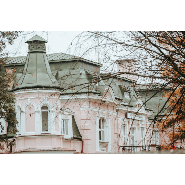 Light pink turret of the palace with a light green roof and large windows