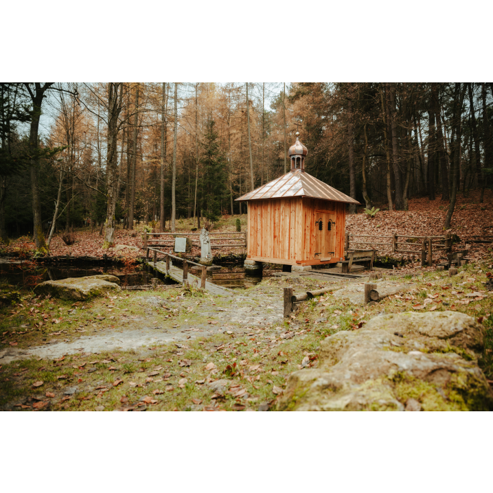 Drewniana kapliczka na wodzie w lesie, do której prowadzi wydeptana ścieżka
