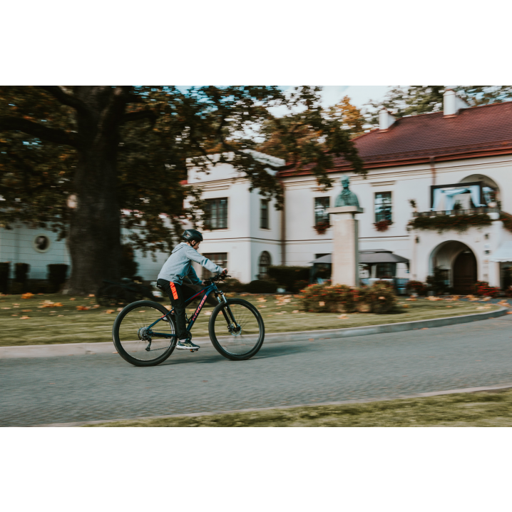 A child riding a bicycle on a paved road to a bright manor house with a red roof