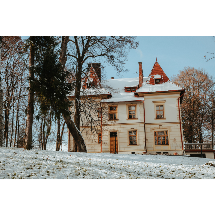 A light beige country house with a red, snow-covered roof and large windows among the trees