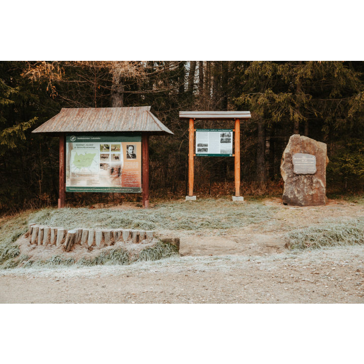 Wooden educational and information boards and a memorial stone against the background of trees