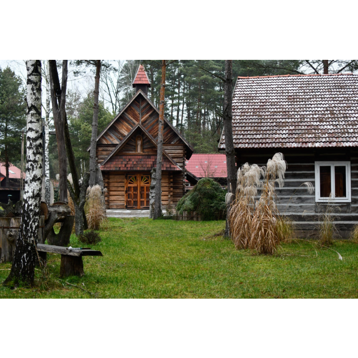 Widok na drewniane, małe domki na zielonej trawie wśród drzew