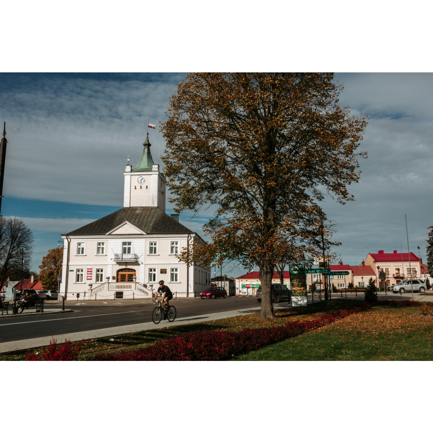 In the background, the bright building of the town hall with a clock tower, in front of it an asphalt road, cars, a riding cyclist in a black sports outfit and a helmet, and a tree