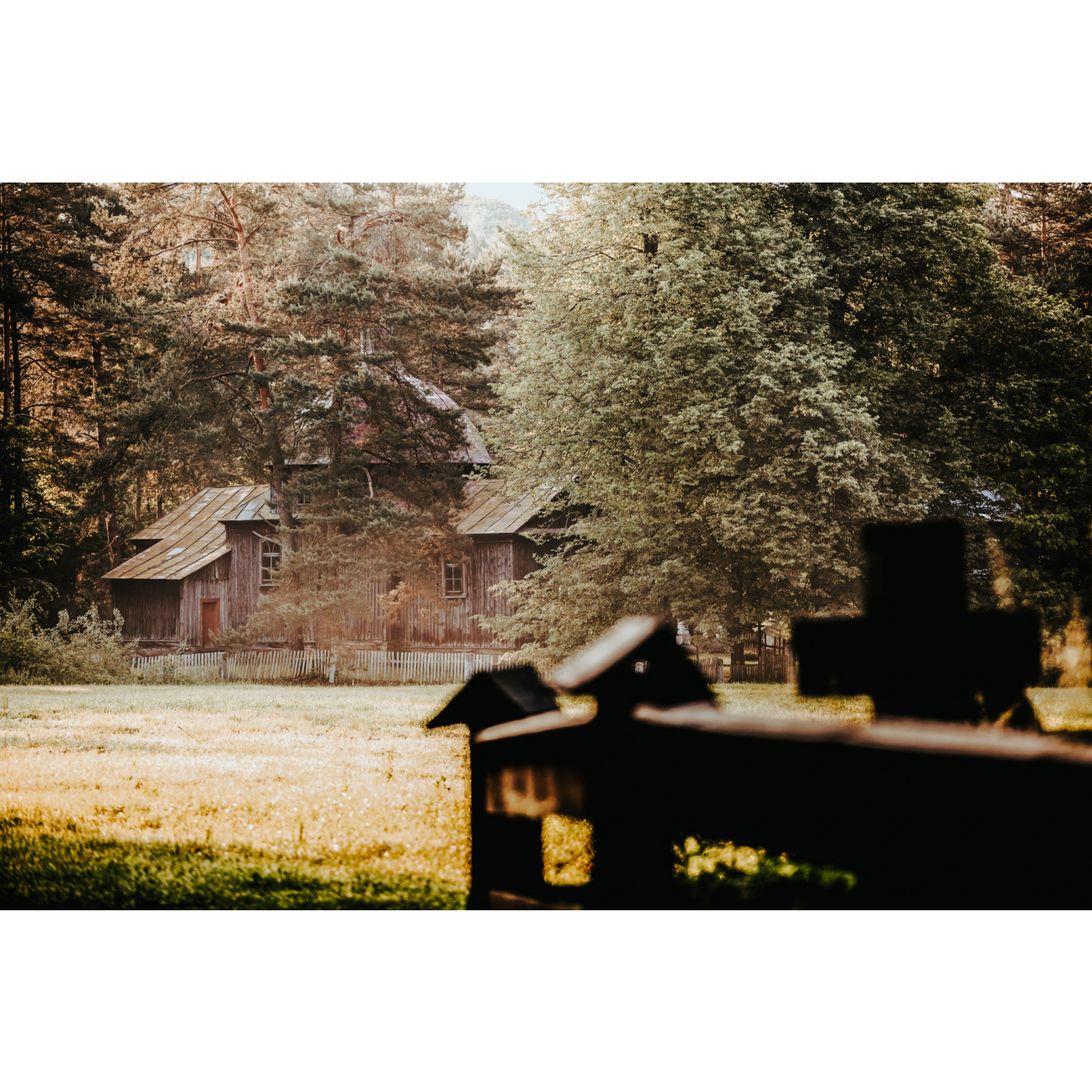 A wooden fence against the background of an old wooden church among tall grasses and trees