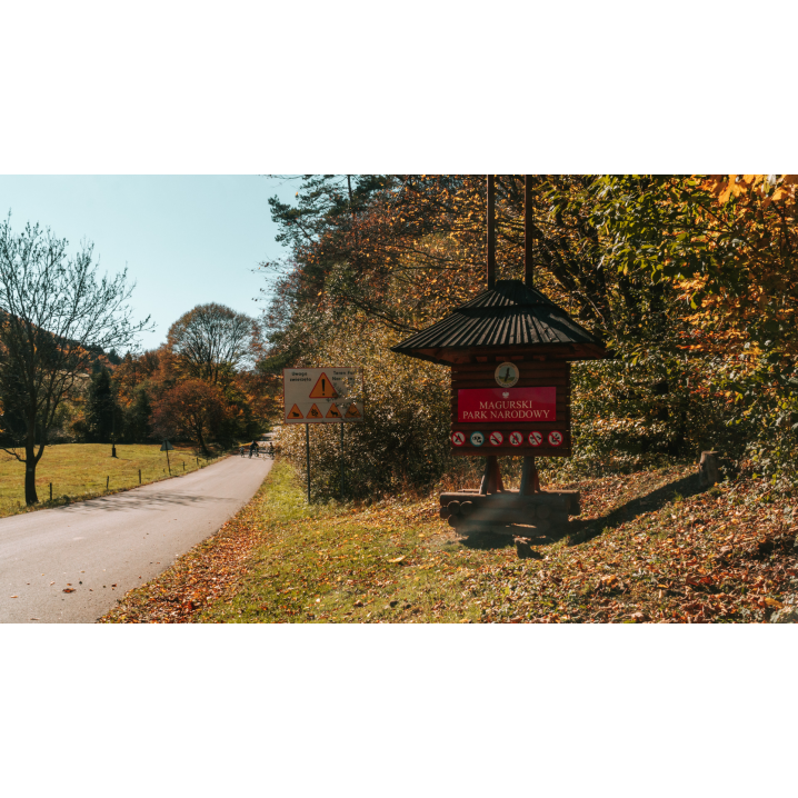 A wooden information board with a roof by the forest road